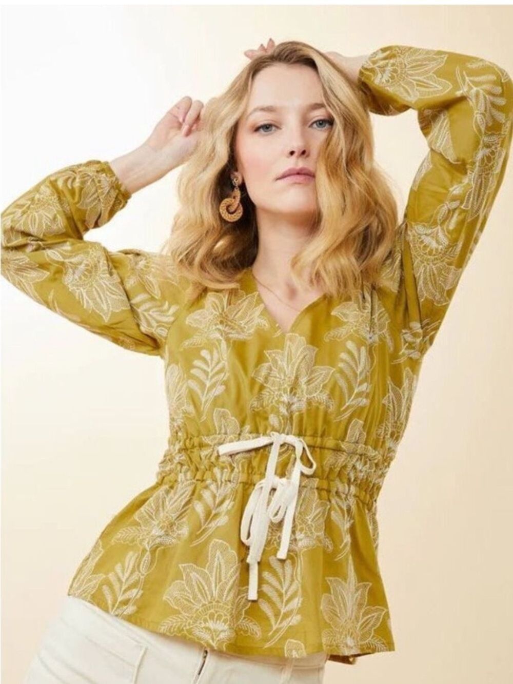 Spartina 449 Loretta Blouse Yellow & white floral embroidered cotton size M